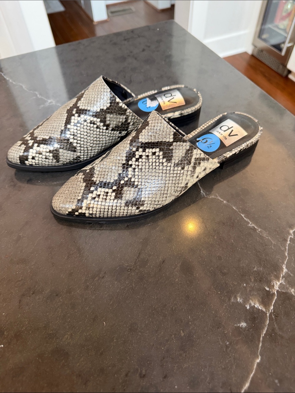 DV by Dolce Vita Snake-Print Mules in Gray and Black